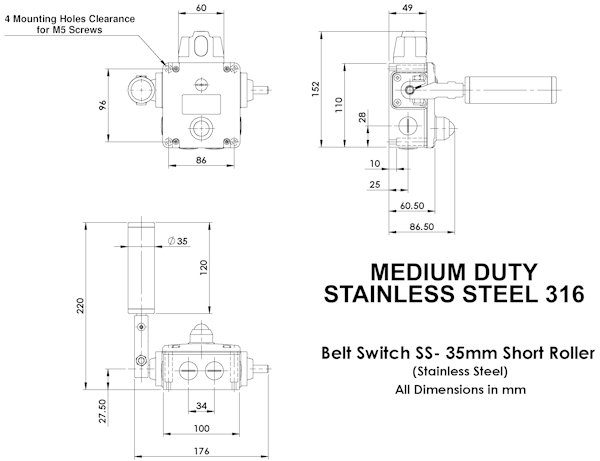 Belt Alignment Switch (Stainless Steel, Heavy Duty, 35mm Diameter with 120mm Length Roller)